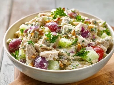 High protein chicken salad with veggies in a bowl