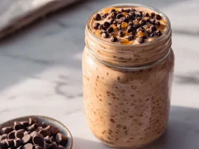 Bowl of high protein chocolate overnight oats topped with berries and nuts