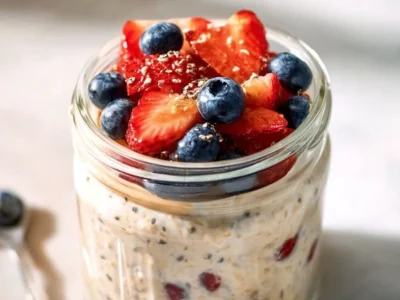High protein cottage cheese overnight oats topped with fresh fruit