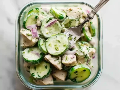 high protein cucumber salad with Greek yogurt, red onion and chicken chunks, served in a glass container