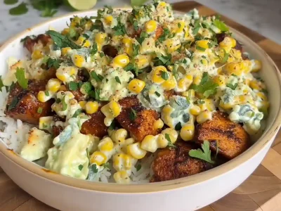 High Protein Street Corn Chicken Bowl with rice, grilled chicken, corn salsa, avocado and lime