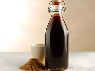 Homemade brown sugar syrup in a glass jar with a wooden spoon