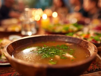 Homemade chicken broth simmering with vegetables and herbs in a pot.