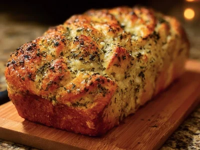Loaf of homemade Garlic Parmesan Bread on a wooden cutting board