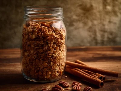 Bowl of homemade gingerbread granola with spices and nuts