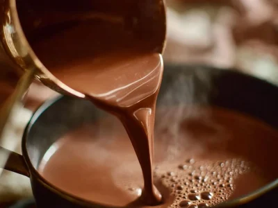 A mug of rich homemade hot chocolate topped with whipped cream and chocolate shavings.