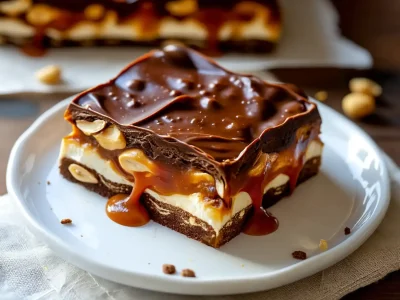 Homemade no bake Snickers copycat bars stacked with chocolate, nougat, caramel, and peanuts
