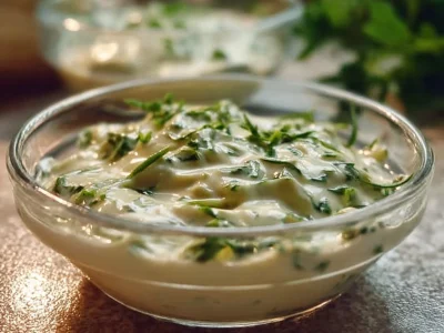 Bowl of homemade tartar sauce with fresh herbs and lemon.