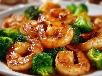 High-protein honey garlic shrimp served on a plate with vegetables