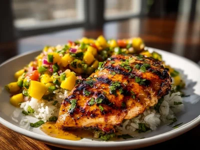 Grilled Honey Lime Chicken topped with fresh Mango Salsa