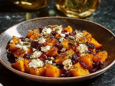 Crispy honey-roasted butternut squash with cranberries, feta, and pumpkin seeds dish.