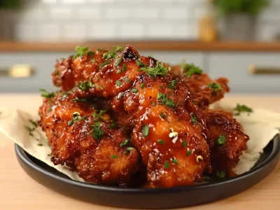 Crispy Hot Honey Glazed Chicken Tenders stacked and glazed