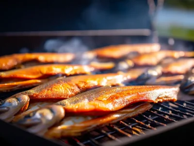 Hot smoked trout fillets resting on a pellet smoker