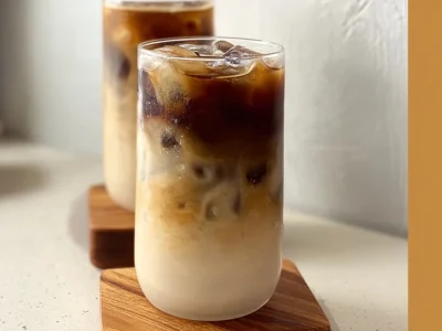 Iced brown sugar latte served in a glass with ice and brown sugar drizzle