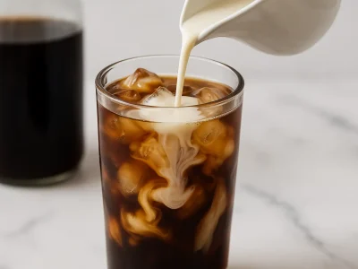 Homemade vanilla coffee creamer poured into a tall glass of iced black coffee, creating a swirling effect