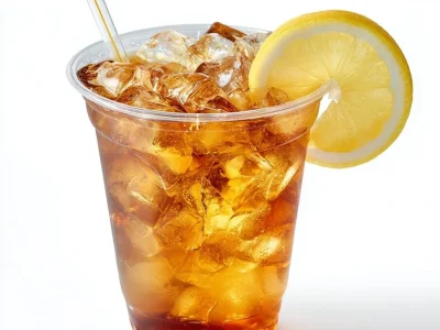 Iced lemon tea in a plastic takeaway glass isolated on white background