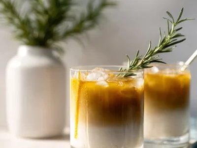 Iced Vanilla Rosemary Latte served in a clear glass with ice and fresh rosemary sprigs