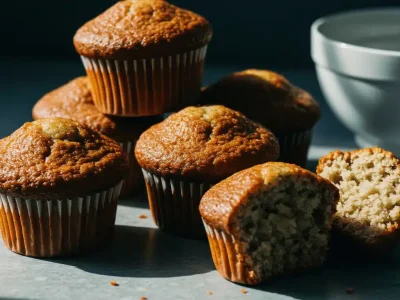 Banana muffins recipe featuring golden-brown muffins cooling on a rustic counter, with ripe bananas and a warm cup of coffee in the background.