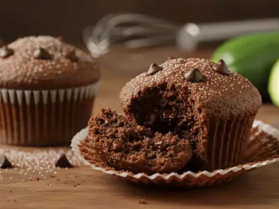 A close-up of freshly baked chocolate zucchini muffins with a bite taken out, revealing a moist and rich interior, placed on a rustic wooden table.