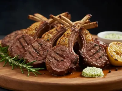 Smoked lamb loin chops served on a wooden platter with rosemary and grilled lemon.