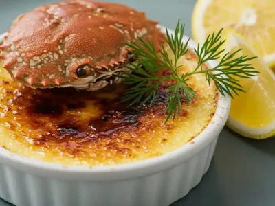 A ramekin of crab brûlée topped with a whole crab shell, garnished with dill and served on a rustic plate with lemon wedges and seasoning.