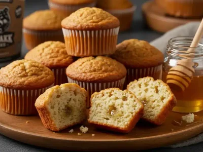 Delicious Kodiak Cakes Muffins Without Bananas Freshly baked Kodiak Cakes muffins without bananas, golden brown with a fluffy texture, served with honey on a wooden plate.
