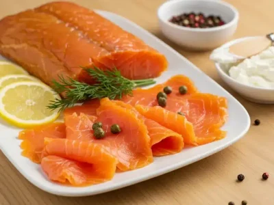 Smoked salmon Crossword Clues platter with lemon wedges, dill, and capers on a ceramic serving plate.