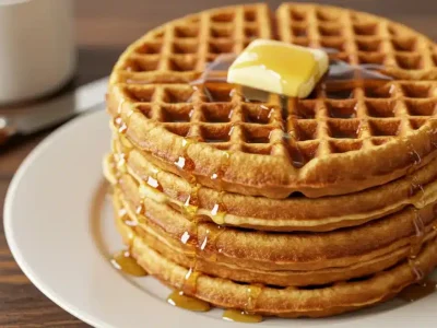 Waffles house menu close-up showing golden fluffy waffles with crisp exterior and deep pockets under natural light