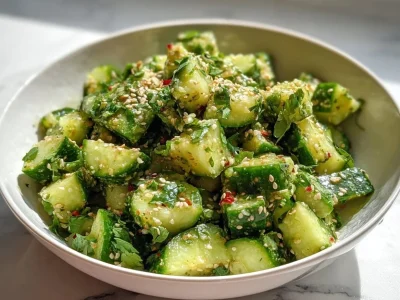 A bowl of Indian cucumber salad garnished with spices and herbs