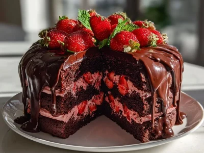 A delicious Strawberry Chocolate Shell Cake beautifully decorated and ready to enjoy.