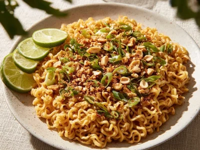 Plate of Instant Peanut Thai Noodles garnished with fresh vegetables