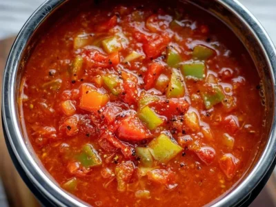 Bowl of Instant Pot creamy tomato soup garnished with fresh basil.