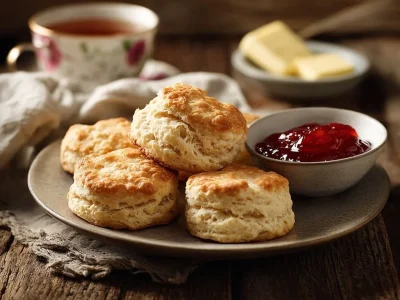 Freshly baked Irish scones on a wooden table