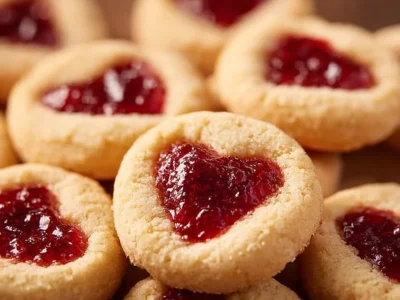 Freshly baked jam heart cookies with vibrant fruit filling