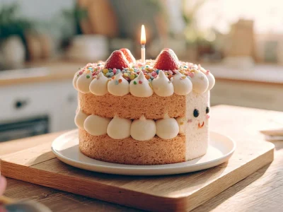 Delicious Jellycat Birthday Cake topped with colorful decorations and candles.