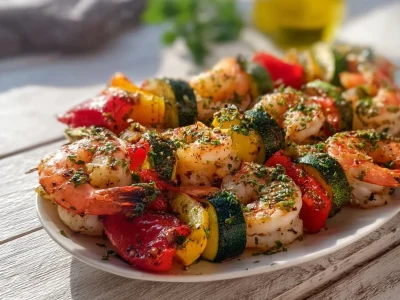 Jeweled summer shrimp and vegetable skewers on a grill