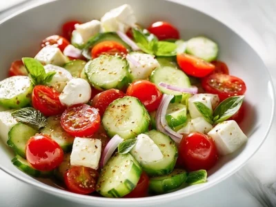 Juicy Cucumber Caprese Salad with fresh mozzarella, tomatoes, and basil