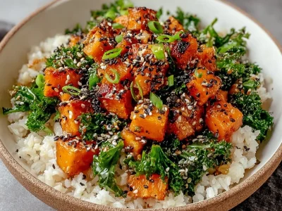 Kale and Sweet Potato Wild Rice Bowl garnished with herbs