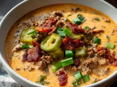 Keto Cheeseburger Soup – Creamy, Hearty & Low-Carb Delight Keto Cheeseburger Soup topped with bacon, pickles, and green onions in a creamy cheese base