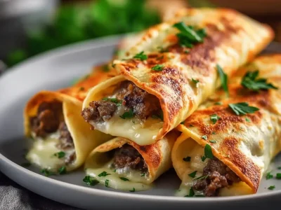 Keto Philly Cheesesteak Rolls with melted cheese and steak, golden and garnished with parsley.