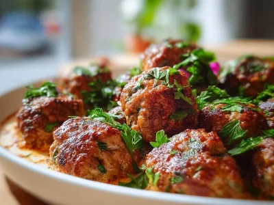 Plate of juicy Köfte, traditional Turkish meatballs garnished with herbs.