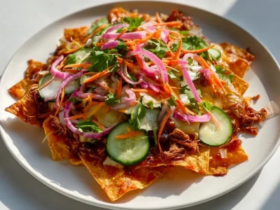 Korean BBQ Nachos topped with meats, cheese, and fresh garnishes