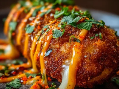 Korean Corn Dogs with crispy outer layer and savory fillings on a skewer.