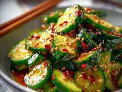 Fresh Korean Cucumber Salad served in a bowl with spices and sesame seeds