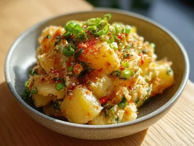 Korean-style potato salad featuring creamy potatoes and colorful vegetables.