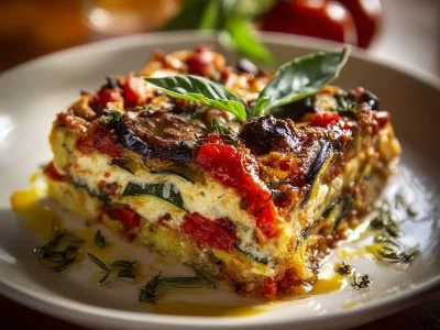 Layered Mediterranean vegetable lasagna with creamy ricotta on a serving dish.