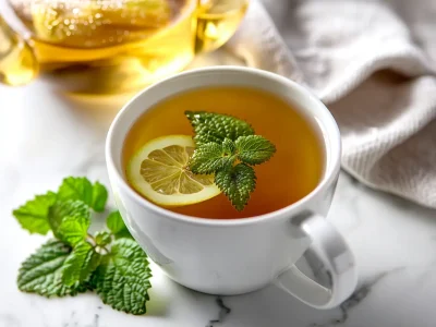 Healthy Lemon Balm Water recipe with lemon slice, a natural drink for best digestion