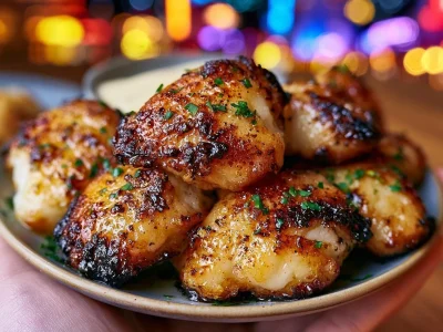 Lemon Butter Fish Bites served with creamy Garlic Aioli on a plate
