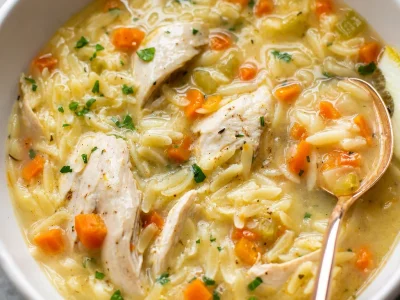 Bowl of lemon chicken orzo soup with fresh herbs and lemon slices on the side.