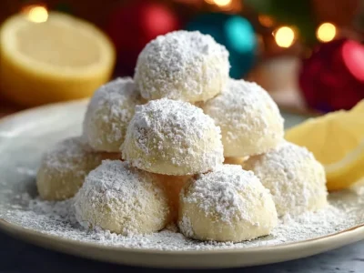 Plate of homemade Lemon Cream Snowball Cookies dusted with powdered sugar